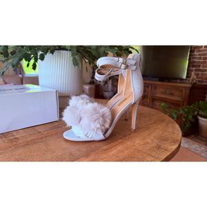 X2B Heels Sandals Fur Pom Pom Ankle Strap Stiletto Grey Size 6.5 /7.5 /8 New In